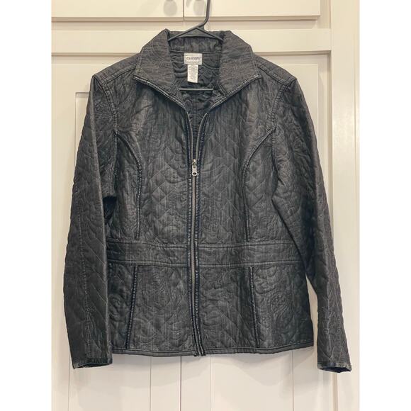 Chico's Charcoal  Black Floral Quilted Jacket Blazer 3/XL Faux Leather accents - Picture 1 of 13